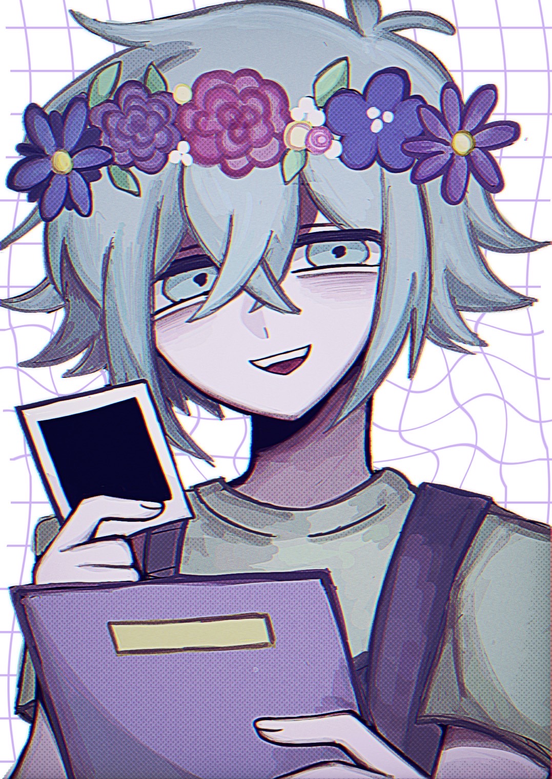 1boy :d antenna_hair bags_under_eyes basil_(headspace)_(omori) basil_(omori) black_overalls book chromatic_aberration commentary crossed_bangs double-parted_bangs film_grain fingernails flower flower_wreath green_shirt grey_eyes grey_hair grid_background hair_between_eyes halftone hands_up head_wreath highres holding holding_book holding_photo leaf looking_at_viewer male_focus omori open_mouth overalls photo_(object) pink_flower pink_rose purple_flower purple_rose rose shirt short_sleeves simple_background smile solo t-shirt teeth u_donburi upper_body upper_teeth_only white_background