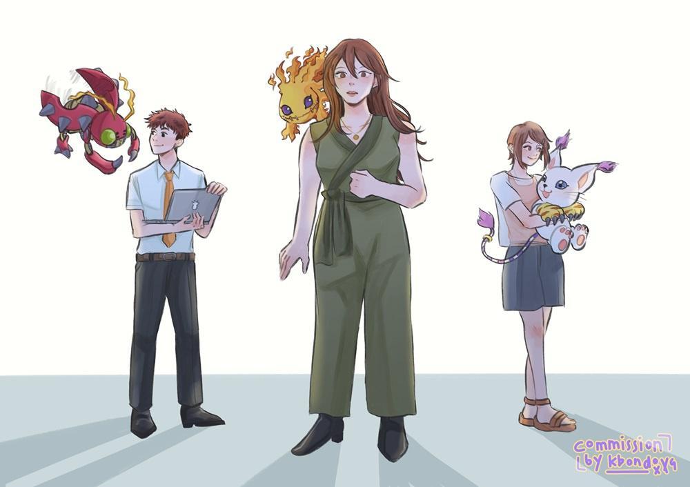 antennae black_eyes brown_hair bug claws digimon digimon_(creature) exoskeleton izumi_koshiro petimeramon short_hair spikes tailmon tentomon yagami_hikari