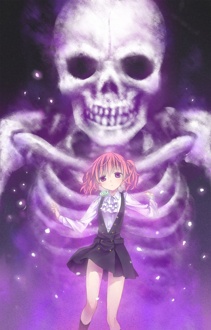 10s 1girl candy dekatanaba dress head_tilt highres inu_x_boku_ss leg_up lollipop looking_at_viewer pink_eyes pink_hair ribs roromiya_karuta school_uniform short_hair short_twintails skeleton skull socks standing teeth twintails