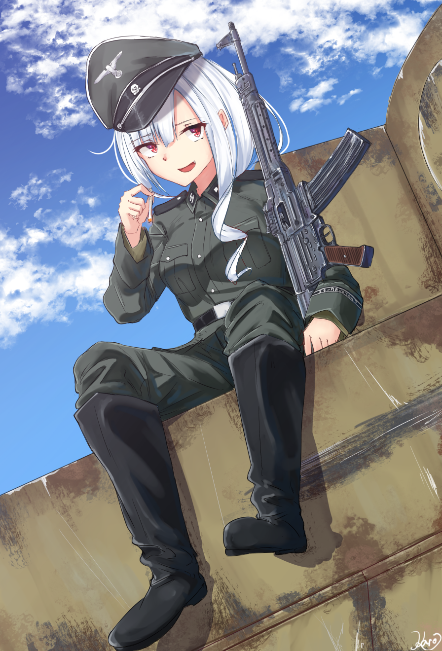 1girl artist_name assault_rifle breasts female_focus gun hat highres karo-chan medium_breasts military_vehicle motor_vehicle nazi open_mouth original peaked_cap purple_eyes rifle schutzstaffel signature solo ss_insignia stg44 tank tiger_i waffen-ss weapon white_hair