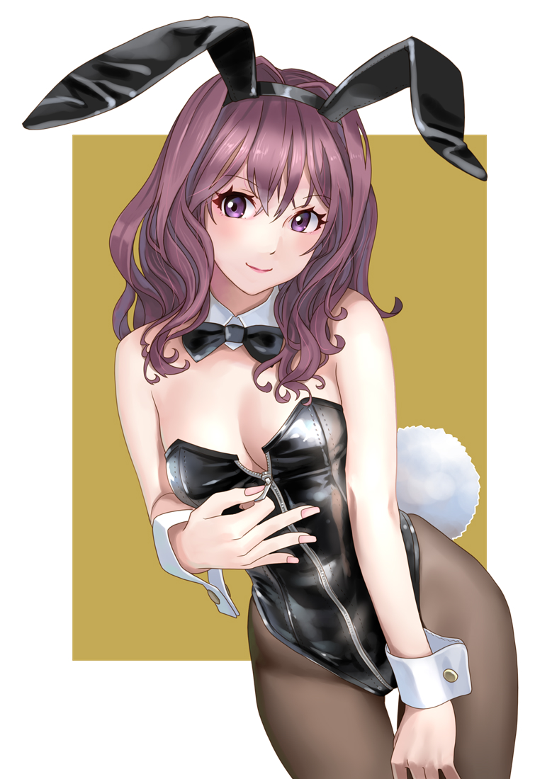 1girl animal_ears black_leotard bow bowtie breasts brown_hair cleavage commentary_request detached_collar fake_animal_ears katahira_masashi leaning_forward leotard looking_at_viewer medium_breasts original pantyhose playboy_bunny purple_eyes rabbit_ears solo strapless strapless_leotard wavy_mouth wrist_cuffs zipper_pull_tab