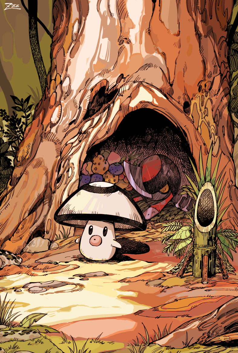 bad_id bad_twitter_id bamboo berry_(pokemon) black_eyes closed_eyes commentary_request foongus gen_5_pokemon grass leaf lying nintendo no_humans oran_berry outdoors oyasuminjyutsu pawniard pokemon pokemon_(creature) razz_berry rock signature sitrus_berry tree tree_hollow u_u