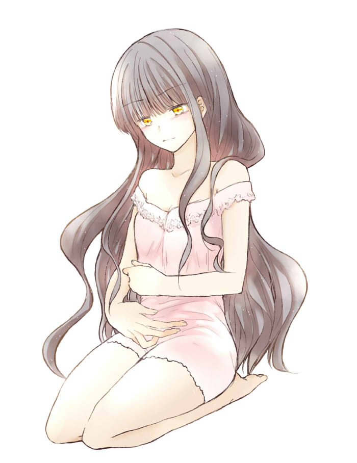 1girl ansatsu_kyoushitsu bare_shoulders black_hair collarbone dress kayano_kaede kneeling long_hair short_dress simple_background sleeveless sleeveless_dress solo span_(s88431ss) very_long_hair white_background yellow_eyes yukimura_akari