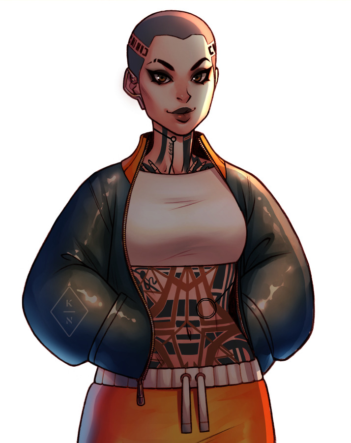 1girl bald bald_female black_jacket breasts brown_eyes buzz_cut commentary crop_top full-body_tattoo hands_in_pockets head_tattoo jack_(mass_effect) jacket kasia_nie mass_effect_(series) mass_effect_2 medium_breasts navel neck_tattoo orange_pants pants short_hair smile solo stomach_tattoo tattoo upper_body very_short_hair