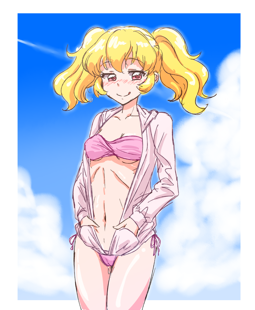 1girl :p aikatsu!_(series) aikatsu_stars! bare_arms bare_shoulders bikini blonde_hair blue_sky blush border breasts cameltoe cleavage closed_mouth cloud cloudy_sky collarbone cowboy_shot day highres hood hood_down hoodie hoshimiya_ichigo kurorook looking_at_viewer medium_breasts midriff naughty_face navel nose_blush open_clothes open_hoodie outdoors outside_border pink_bikini red_eyes shiny_skin side-tie_bikini_bottom sideways_glance sky solo stomach strapless strapless_bikini string_bikini swimsuit toned tongue tongue_out twintails underboob white_border white_hoodie
