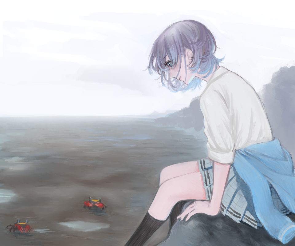 1girl asakura_toru beach black_socks blue_eyes blue_hair blue_jacket closed_mouth clothes_around_waist commentary_request crab ear_piercing feet_out_of_frame fog from_side gradient_hair grey_hair grey_skirt idolmaster idolmaster_shiny_colors jacket jacket_around_waist kneehighs looking_at_animal looking_down multicolored_hair on_rock outdoors piercing pleated_skirt sand school_uniform shirt short_hair short_sleeves sitting skirt sleeves_rolled_up socks solo white_shirt yamaichi_(yama3ichi4)