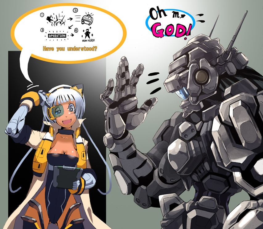 1girl animal_ears bad_id bad_pixiv_id blue-tinted_eyewear bodysuit breasts cat_ears cleavage clipboard english_text engrish_text green-tinted_eyewear lab_coat makokujira mecha original ranguage robot scouter surprised tinted_eyewear white_hair