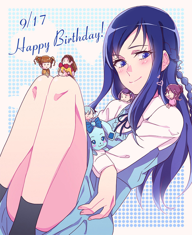 6+girls aida_mana blue_eyes blue_hair braid dated dokidoki!_precure happy_birthday hishikawa_rikka kenzaki_makoto long_hair madoka_aguri mini_person minigirl multiple_girls negom polka_dot polka_dot_background precure rakeru_(dokidoki!_precure) regina_(dokidoki!_precure) single_braid smile socks yotsuba_alice