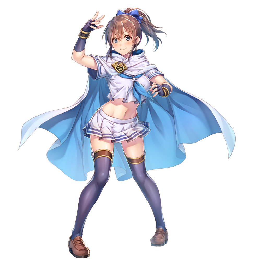 &gt;:) 1girl arm_up black_gloves black_thighhighs blue_bow blue_neckerchief bow breasts brown_hair brown_shoes cape crop_top fingerless_gloves full_body gloves hair_between_eyes hair_bow idol_heroes_(idolmaster) idolmaster idolmaster_million_live! loafers long_hair medium_breasts midriff mighty_sailor miniskirt nanaran neckerchief ponytail satake_minako school_uniform serafuku shoes short_sleeves simple_background skirt solo thighhighs v-shaped_eyebrows white_background white_cape white_serafuku white_skirt
