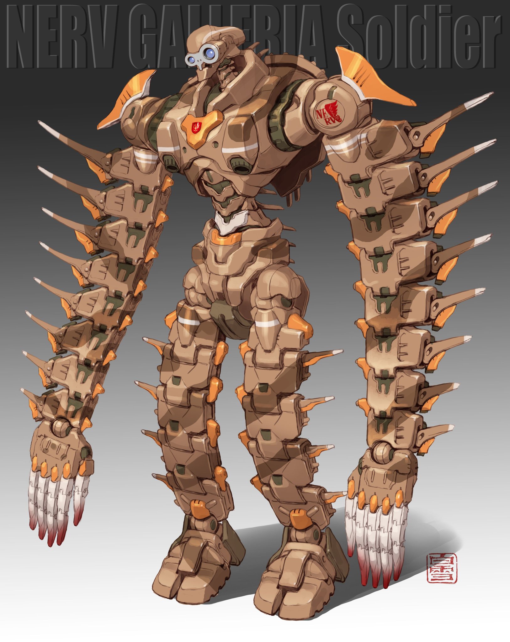 blue_eyes character_name full_body gradient_background head_tilt highres laputa_robot logo long_arms maeda_hiroyuki mecha mecha_focus neon_genesis_evangelion nerv no_humans redesign robot solo tenkuu_no_shiro_laputa