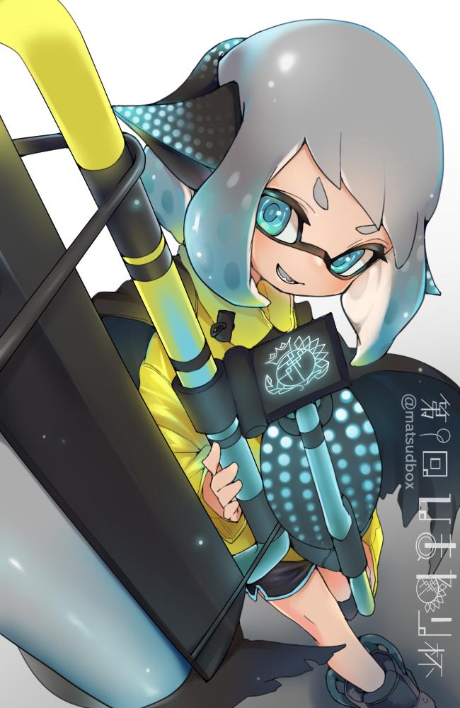 1girl agent_4_(splatoon) artist_name behind-the-head_headphones black_boots black_cape black_shorts blonde_hair blue_eyes blue_hair boots cape dolphin_shorts fang gradient_hair grey_hair grey_tongue headphones hero_roller_(splatoon) holding holding_weapon inkling jacket long_sleeves matsushita_(matsudbox) medium_hair multicolored_hair nintendo open_mouth shorts smile solo splatoon_(series) splatoon_2 tentacle_hair weapon yellow_jacket