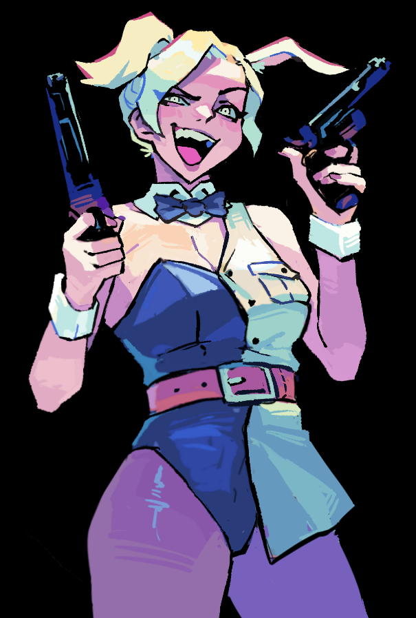 1girl animal_ears asymmetrical_clothes belt black_bow black_bowtie black_leotard bow bowtie breasts cleavage commentary cowboy_shot detached_collar dual_wielding english_commentary eyes_visible_through_hair finger_on_trigger gun handgun holding holding_gun holding_weapon large_breasts leotard nycnouu open_mouth original pantyhose playboy_bunny rabbit_ears raised_eyebrows red_belt revolver smile solo strapless strapless_leotard traditional_bowtie weapon wrist_cuffs