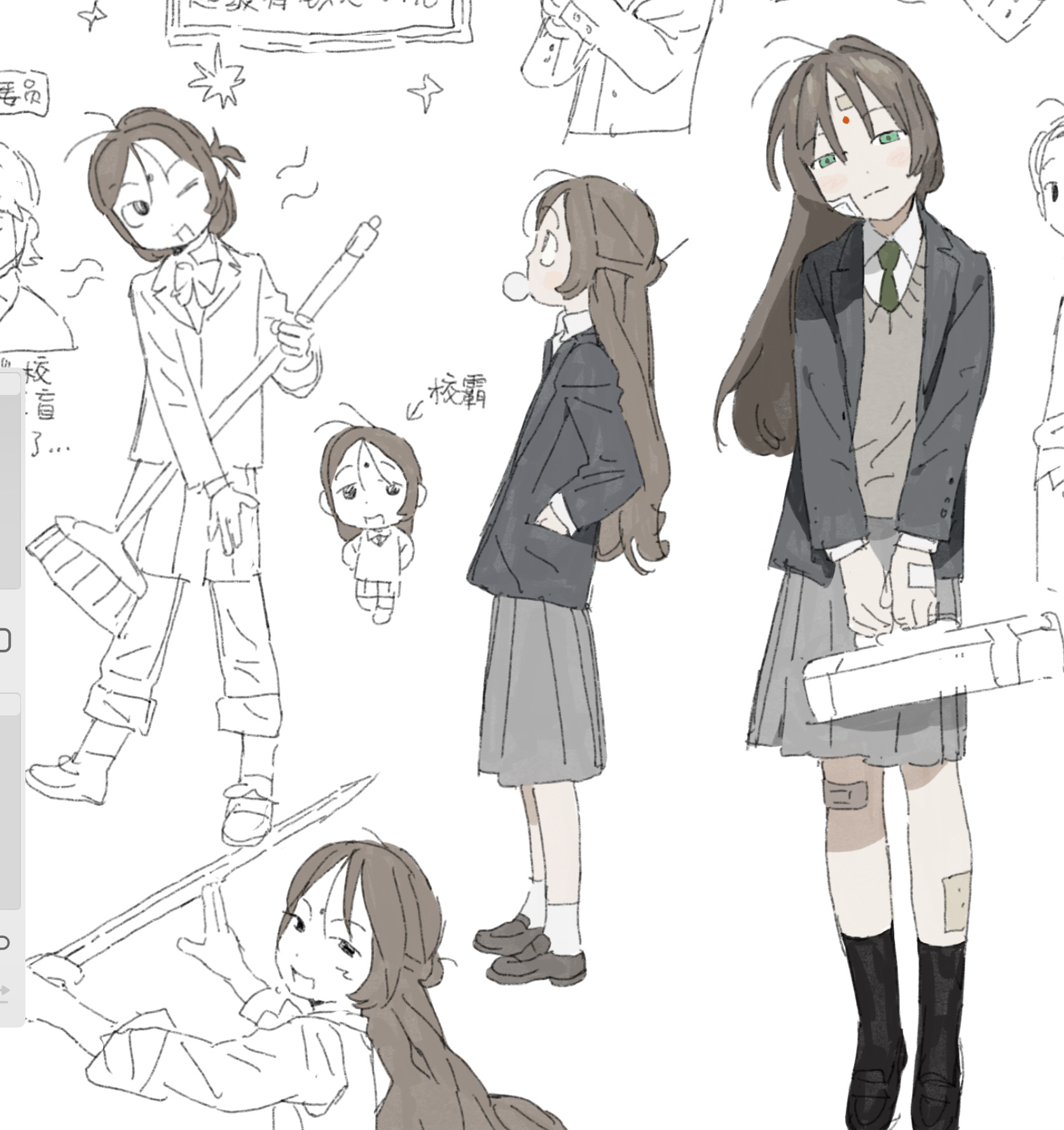 1girl ankle_socks blazer broom brown_hair facial_mark forehead_mark highres huadian jacket kneehighs loafers long_hair ma_fu medium_skirt multiple_views original pleated_skirt school_uniform shoes skirt socks sword weapon