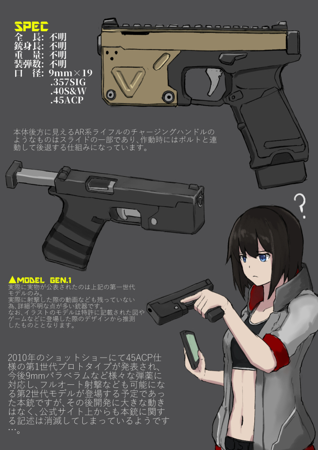 1girl black_hair blue_eyes bullet chart coat diagram gun handgun information_sheet jacket japanese_text kriss_kard kriss_usa navel open_clothes open_coat open_jacket original pistol prototype_design saamon_(railgun0522) sidearm sports_bra text_focus translation_request weapon weapon_focus weapon_name weapon_profile weird_guns_of_the_world