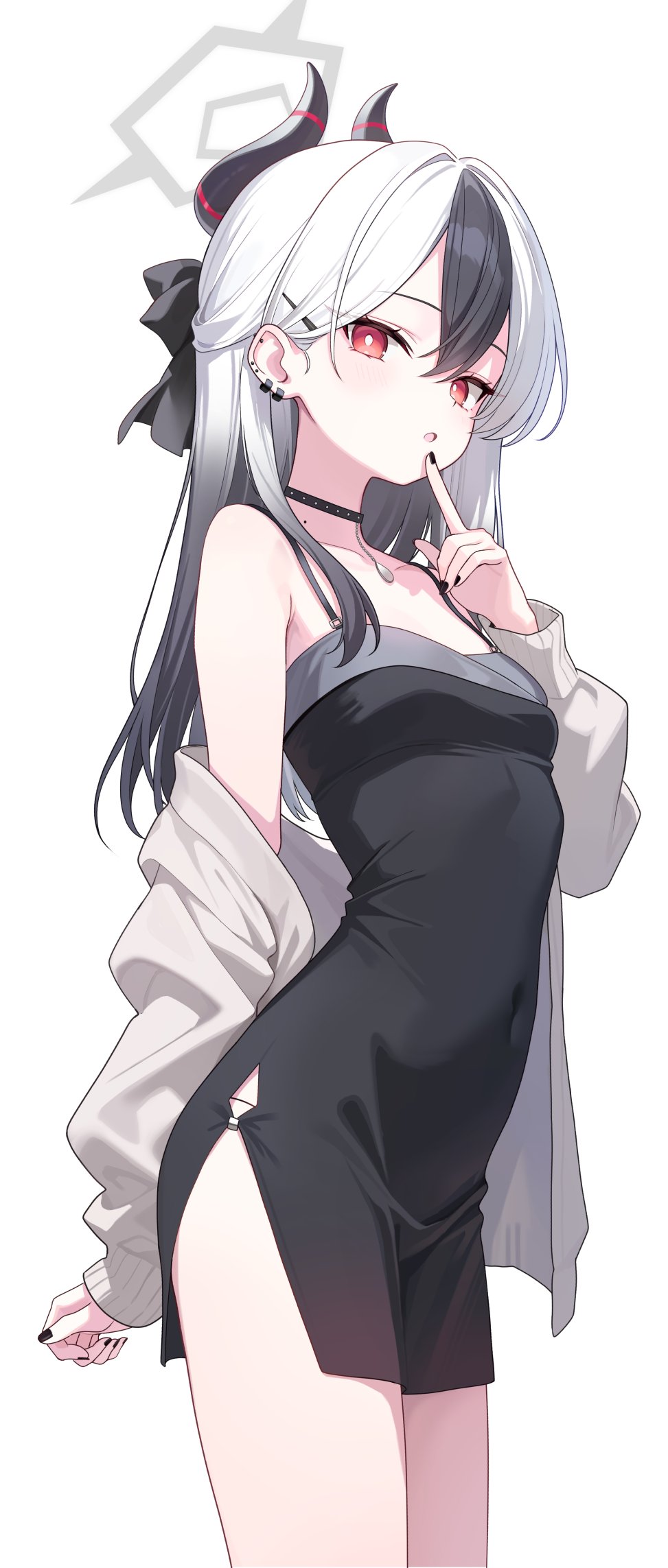 1girl black_choker black_dress black_horns blue_archive choker diamond_necklace dress ear_piercing grey_halo grey_jacket halo highres horns jacket kayoko_(blue_archive) kayoko_(dress)_(blue_archive) kitano_yukito long_hair looking_at_viewer multicolored_hair piercing simple_background streaked_hair white_background