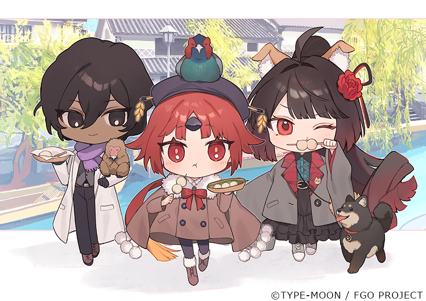 1boy 2girls animal_ears arjuna_(fate) beni-enma bird black_eyes black_hair black_pants boat brown_footwear coat dango dog eating fate/grand_order fate_(series) food hat kyokutei_bakin_(fate) monkey multiple_girls official_art one_eye_closed pants red_eyes red_hair river shugao wagashi watercraft white_footwear