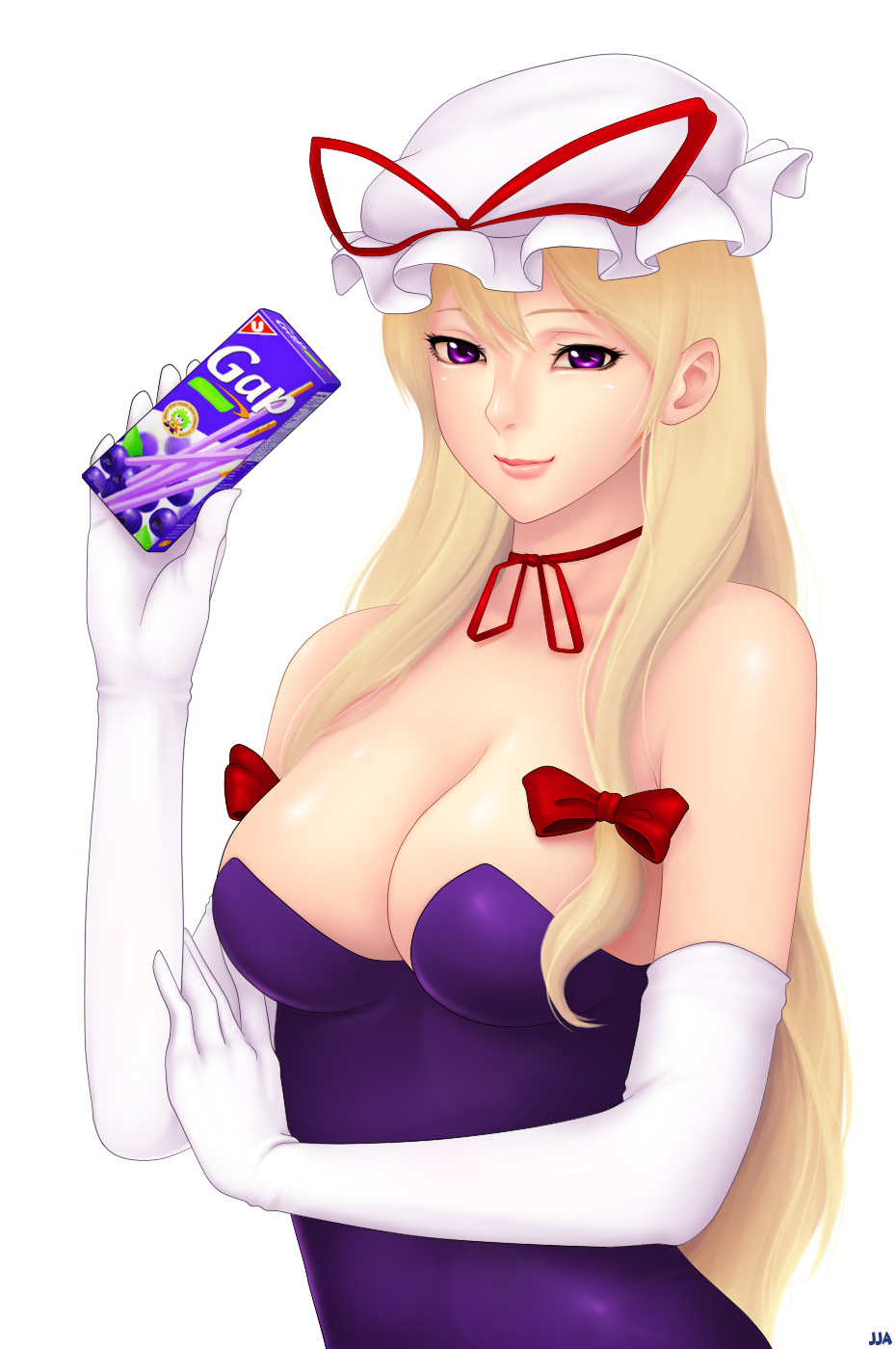 1girl bare_shoulders breasts choker cleavage closed_mouth dress elbow_gloves female_focus food gloves hair_between_eyes half-closed_eyes hand_up hat highres khalitzburg_(user_2274420) large_breasts lips lipstick long_hair makeup pink_lips pocky pun purple_dress purple_eyes ribbon_choker sidelocks simple_background smile solo strapless strapless_dress touhou white_background white_gloves yakumo_yukari