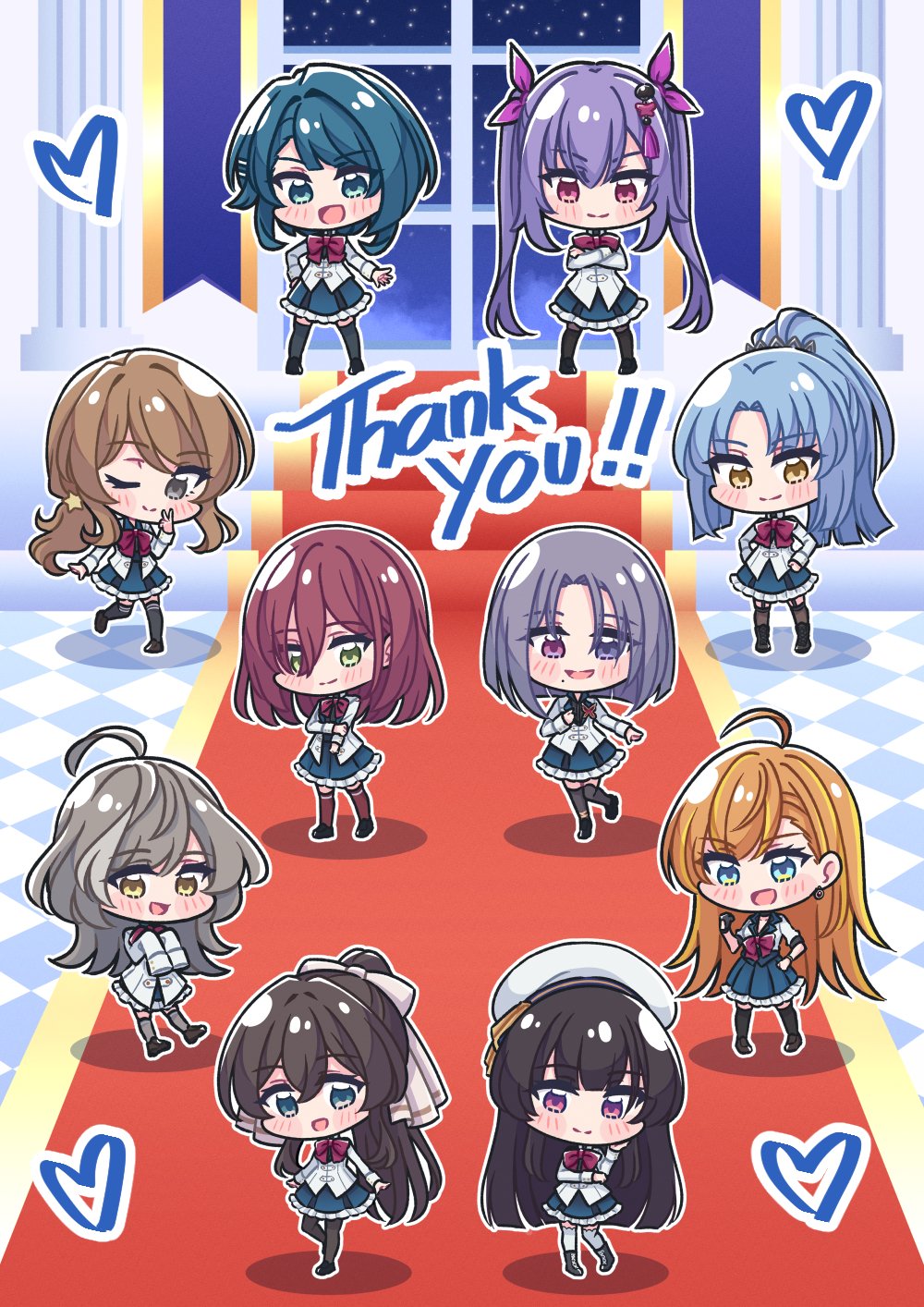 &gt;:) 6+girls :d ;) ahoge aizawa_kazuha akamirai aqua_eyes arm_under_breasts arms_at_sides assault_lily asymmetrical_hair beret black_footwear black_gloves black_hair black_thighhighs blonde_hair blue_eyes blue_hair blue_skirt blunt_bangs blunt_ends blush bob_cut bow bowtie brown_hair brown_pantyhose checkered_floor chibi clenched_hand closed_mouth column commentary crossed_arms earrings english_commentary frilled_skirt frills garter_straps gloves green_eyes grey_eyes grey_hair grey_thighhighs hair_between_eyes hair_bow hair_ornament hair_ribbon hairclip hand_on_own_arm hand_on_own_cheek hand_on_own_chest hand_on_own_face hand_on_own_hip hands_on_own_hips hands_up hat hatsukano_yo heart herensuge_girls_academy_school_uniform heterochromia high_ponytail highres iijima_renka indoors jacket jewelry kagawa_makina kariya_higure leg_up long_bangs long_hair low_ponytail makino_mitake matsumura_fuuka medium_hair miniskirt morimoto_yuni multicolored_hair multiple_girls night one_eye_closed open_clothes open_jacket open_mouth orange_hair oversized_clothes pantyhose parted_bangs pillar pink_eyes pink_ribbon ponytail purple_hair red_bow red_bowtie red_carpet red_hair red_thighhighs ribbon sasaki_ran school_uniform serizawa_chikaru shoes short_sleeves side_ponytail single_glove skirt sleeves_past_fingers sleeves_past_wrists smile stairs standing standing_on_one_leg star_(sky) star_(symbol) star_hair_ornament streaked_hair tassel tassel_hair_ornament thank_you thighhighs thighhighs_over_pantyhose two-tone_hair v v-shaped_eyebrows very_long_hair white_bow white_headwear white_jacket white_thighhighs yellow_eyes zettai_ryouiki