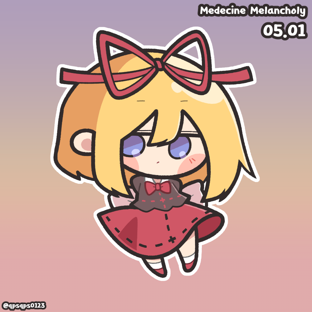 1girl back_bow baek_ban black_shirt blonde_hair blue_eyes blush_stickers bow bowtie character_name chibi chibi_only closed_mouth dated hair_between_eyes hair_ribbon medicine_melancholy medium_hair outline red_bow red_bowtie red_ribbon red_shoes red_skirt ribbon shirt shoes skirt socks solo touhou white_bow white_outline white_socks