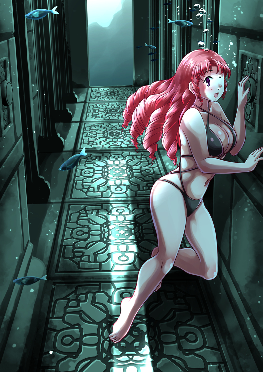 1girl air_bubble bikini breasts bubble commission foxeye foxeye_fox freediving highres large_breasts long_hair navel original pixiv_commission purple_eyes red_hair swimsuit tagme underwater