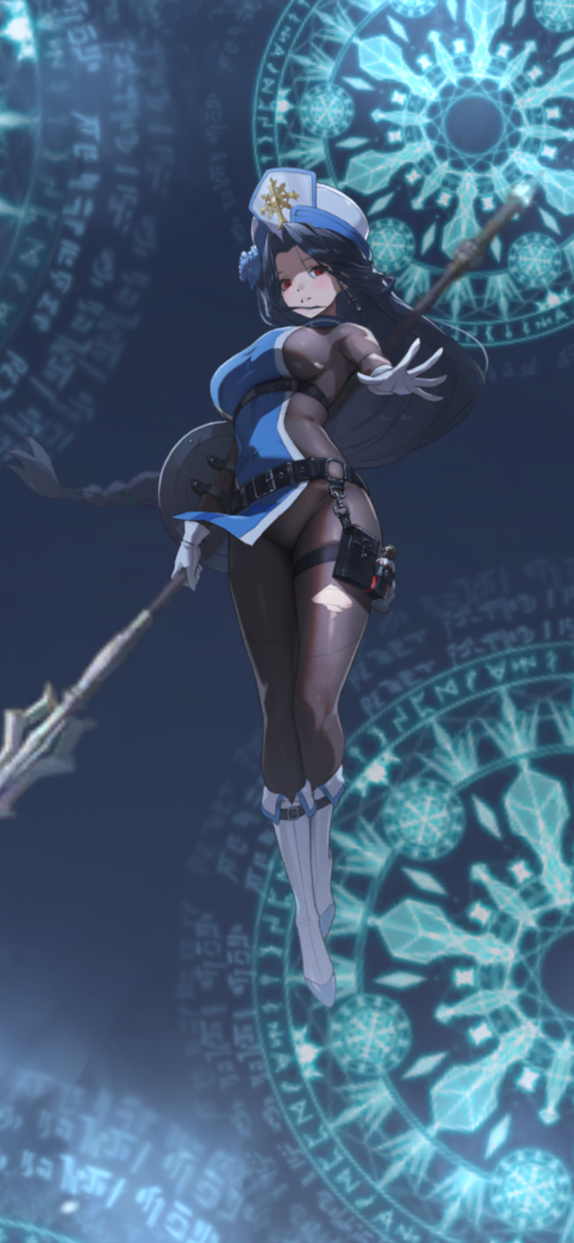 1girl absurdres artist_request bodystocking bodysuit braid braided_ponytail breasts brown_bodysuit cross cross_earrings earrings game_screenshot goddess_of_victory:_nikke highres holding holding_mace holding_weapon jewelry mace maiden_(ice_rose)_(nikke) maiden_(nikke) non-web_source official_alternate_costume official_art solo torn_bodystocking torn_clothes weapon