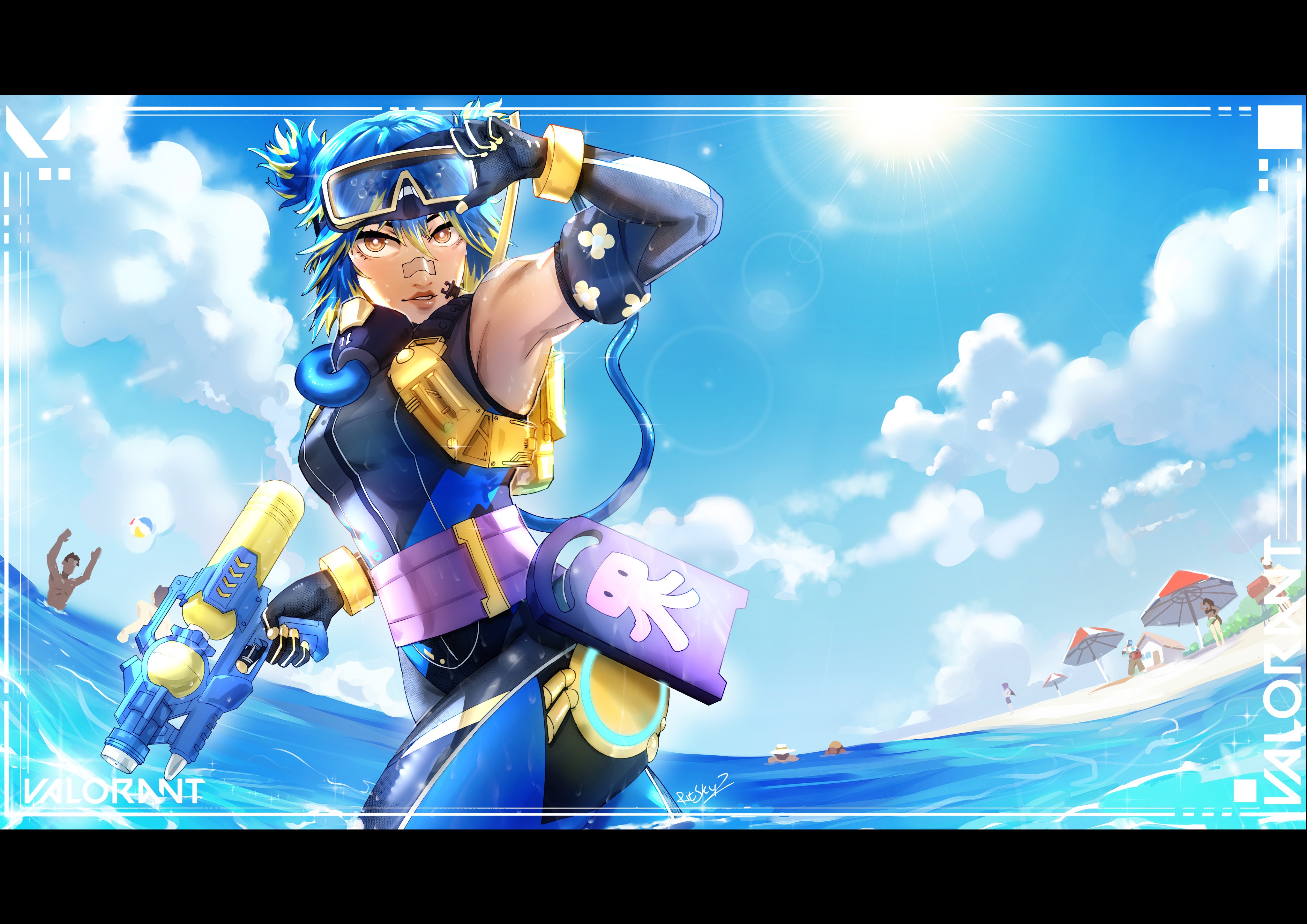 1girl absurdres alternate_costume animification ball beach beachball black_gloves black_hat black_wetsuit blonde_hair blue_hair bodysuit brimstone_(valorant) brown_eyes cloud copyright_name cypher_(valorant) dark-skinned_female dark_skin diving_suit elbow_gloves gloves hat highres holding holding_water_gun kay/o_(valorant) letterboxed looking_at_viewer multicolored_hair neon_(valorant) ocean omen_(valorant) parted_lips people phoenix_(valorant) raze_(valorant) ritskyz sage_(valorant) sky solo streaked_hair two_side_up umbrella valorant water water_gun wetsuit yoru_(valorant)