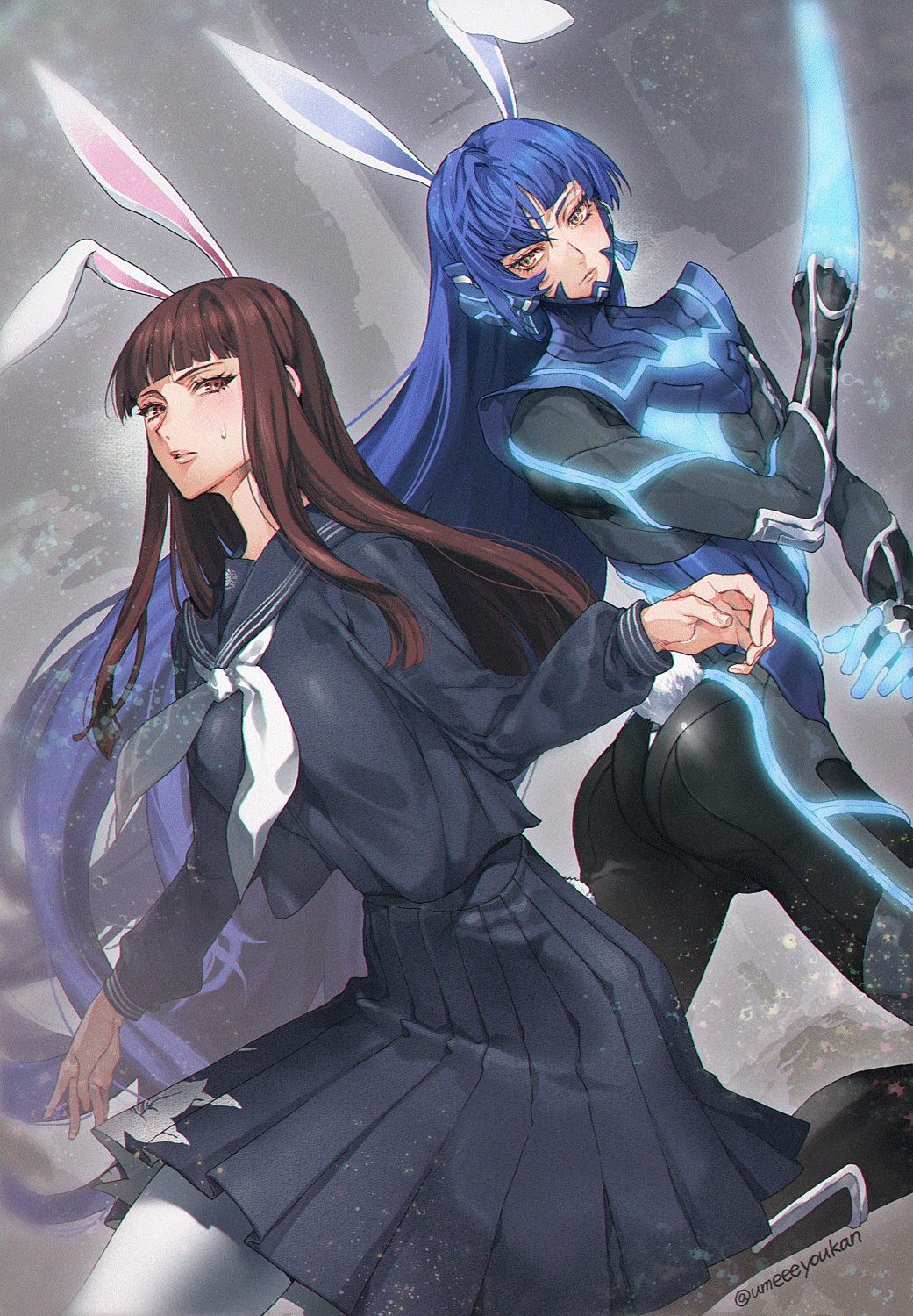 1boy 1girl androgynous animal_ears ass blue_hair blue_serafuku blunt_bangs blush bodysuit breasts brown_hair commentary_request eyelashes feet_out_of_frame from_behind highres itsukishima_sahori long_hair long_sleeves looking_at_viewer looking_back medium_breasts megami_tensei neckerchief orange_eyes parted_lips pleated_skirt protagonist_(smtv) rabbit_ears rabbit_tail school_uniform serafuku shin_megami_tensei shin_megami_tensei_v sidelocks skirt sparkle tail thighs trap twitter_username umeeeyoukan very_long_hair white_legwear white_neckerchief yellow_eyes