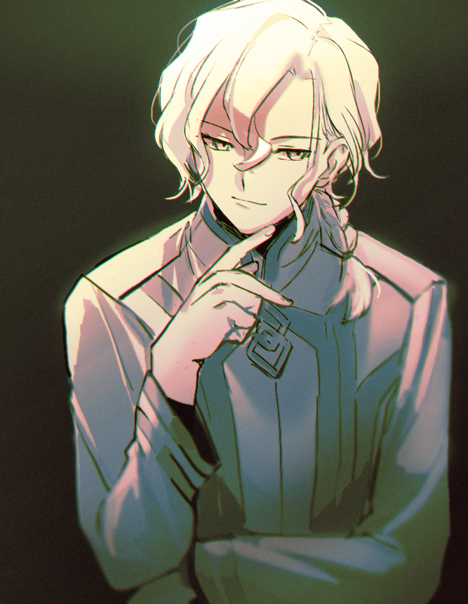 1boy aki_(neyuki41028) black_background braid braided_ponytail chaldea_logo chaldea_uniform chromatic_aberration closed_mouth coat facing_viewer fate/grand_order fate_(series) film_grain finger_to_own_chin gradient_background grey_eyes hair_between_eyes hair_over_shoulder hand_up lab_coat light_smile long_hair long_sleeves looking_to_the_side male_focus marisbury_animusphere parted_bangs solo upper_body white_coat white_hair