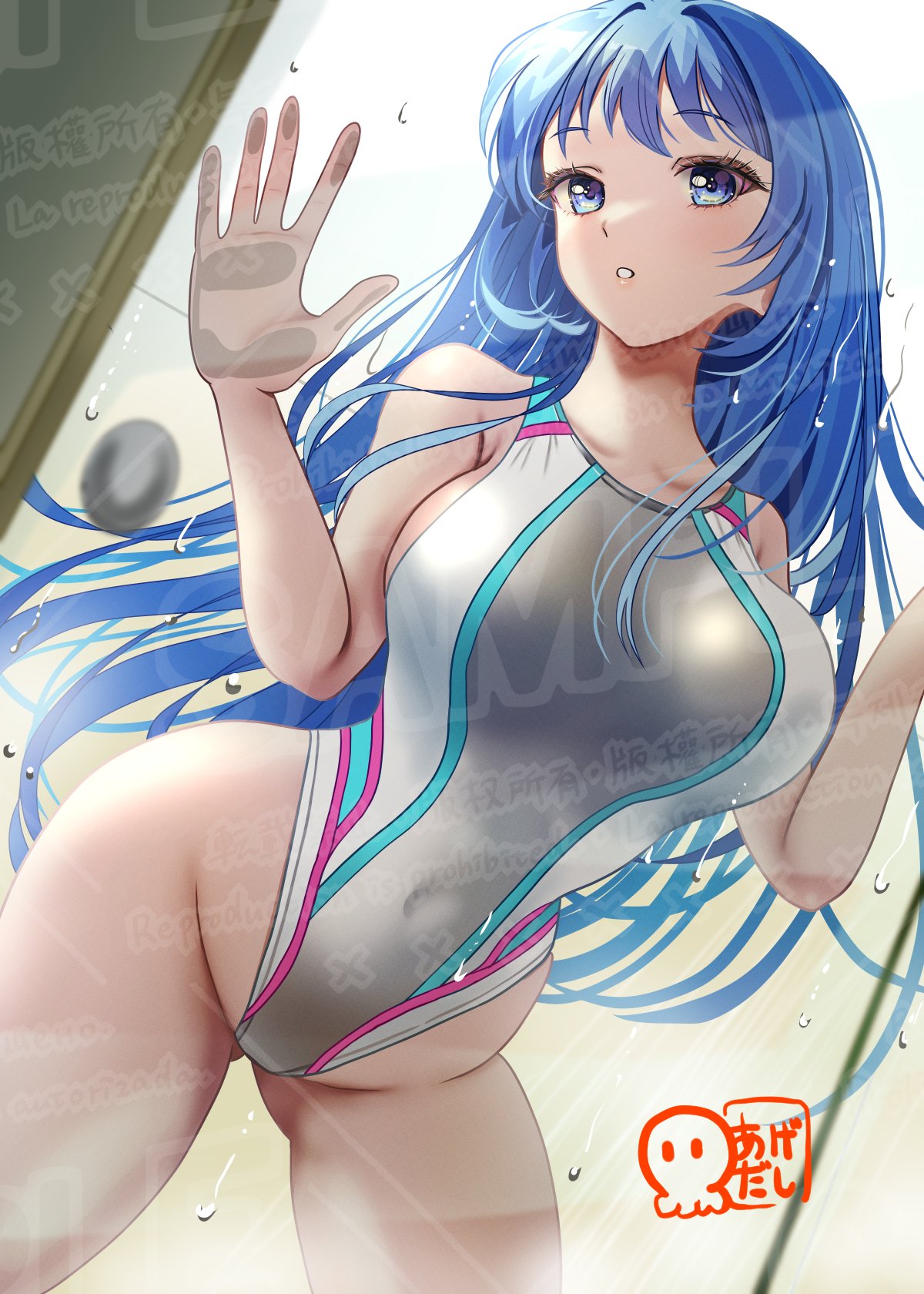 1girl against_glass agedashi_doufu_mk23 artist_logo blue_eyes blue_hair breasts commentary_request cowboy_shot dutch_angle grey_one-piece_swimsuit highleg highleg_one-piece_swimsuit highres large_breasts logo long_hair multicolored_swimsuit one-piece_swimsuit original parted_lips sample_watermark solo swimsuit watermark