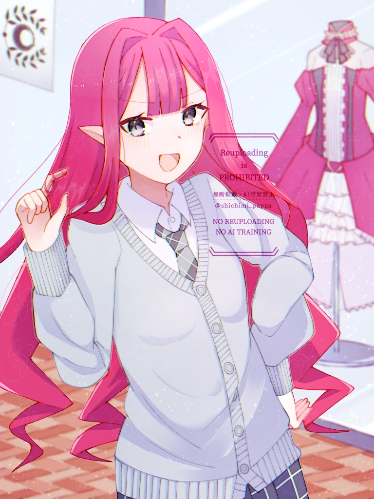 1girl baobhan_sith_(fate) blush fate/grand_order fate_(series) grey_necktie grey_shirt hand_on_own_hip hand_up looking_at_viewer necktie open_mouth pink_hair pointy_ears school_uniform shichimi_(pixiv_20961417) shirt sidelocks solo