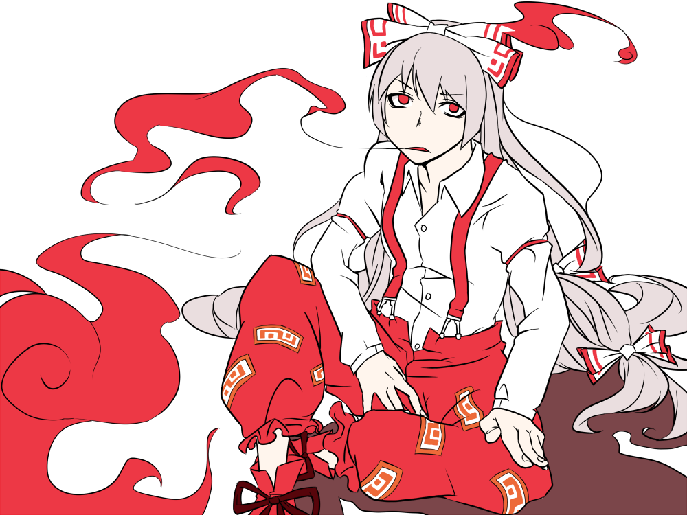1girl bow fire fujiwara_no_mokou hado hair_bow hand_on_own_knee long_hair long_sleeves looking_at_viewer ofuda ofuda_on_clothes on_floor pants red_eyes red_pants shirt sitting solo suspenders touhou very_long_hair white_background white_bow white_hair white_shirt