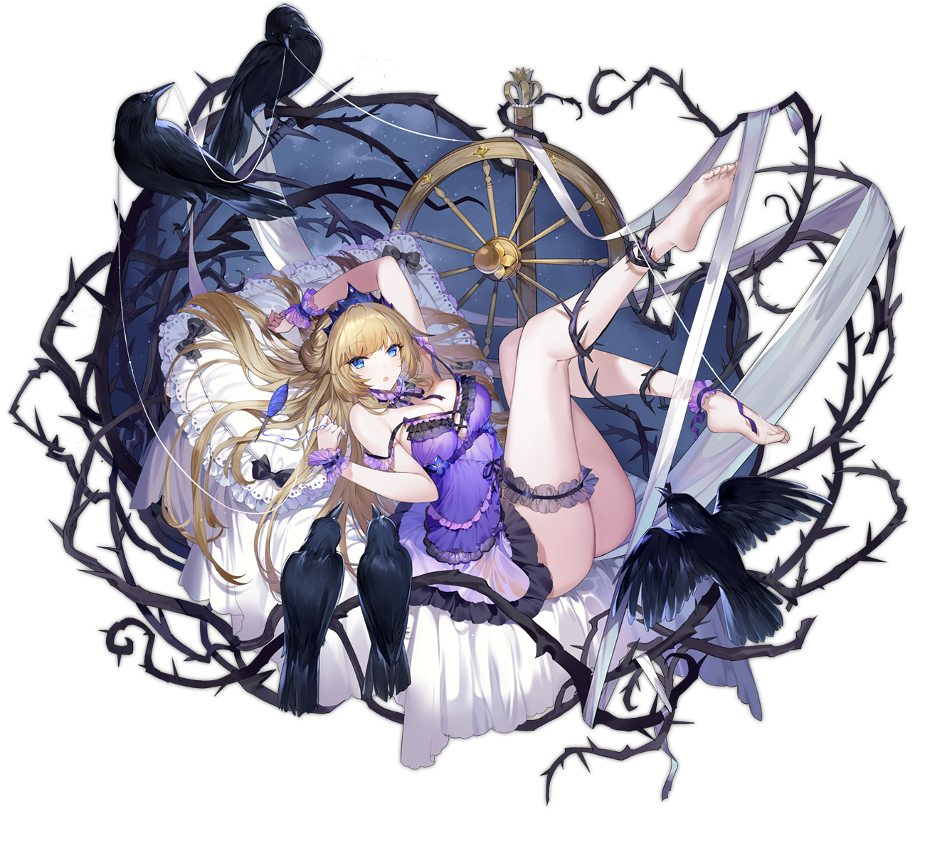 1girl ankle_cuffs ark_order babydoll bare_legs bare_shoulders barefoot bed_sheet bird black_bow blonde_hair blue_eyes bow breasts crow crown crystal flower frilled_thigh_strap full_body hair_bow hatoyama_itsuru large_breasts looking_at_viewer lying official_art on_back open_mouth pillow purple_babydoll rose sleeping_beauty_(ark_order) sleeping_beauty_(disney) sleeping_beauty_(fairy_tale) sleeping_beauty_(fairy_tale_character) solo spindle spinning_wheel tachi-e thigh_strap thorns transparent_background white_flower white_rose wrist_cuffs