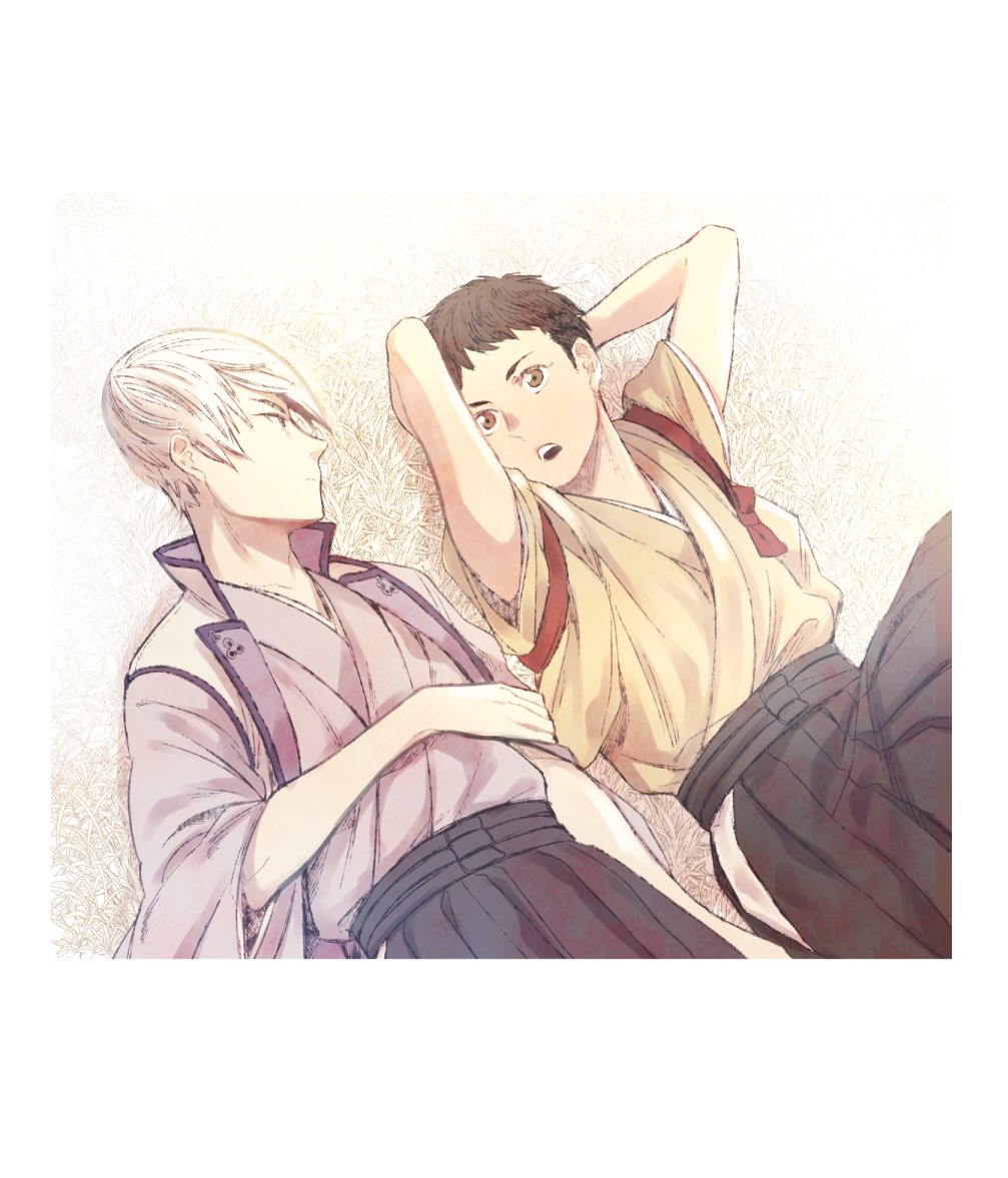 2boys :o aged_down arms_behind_head black_hakama brown_hair hakama ishida_mitsunari_(sengoku_basara) japanese_clothes jinbaori kimono looking_at_another lying makaron611 male_focus multiple_boys on_back on_grass purple_kimono sengoku_basara short_hair tokugawa_ieyasu_(sengoku_basara) white_hair yellow_kimono
