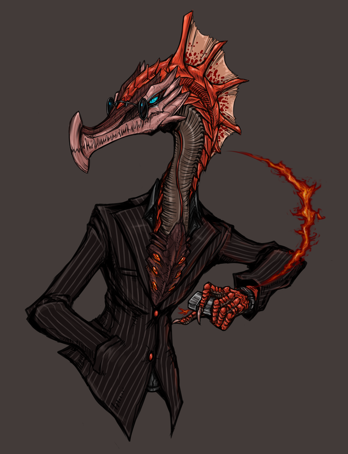 agnaktor blue_eyes capcom fire formal_clothes glasses lighter monster_hunter_(series) monster_hunter_3 no_humans solo suit tagane watch wristwatch