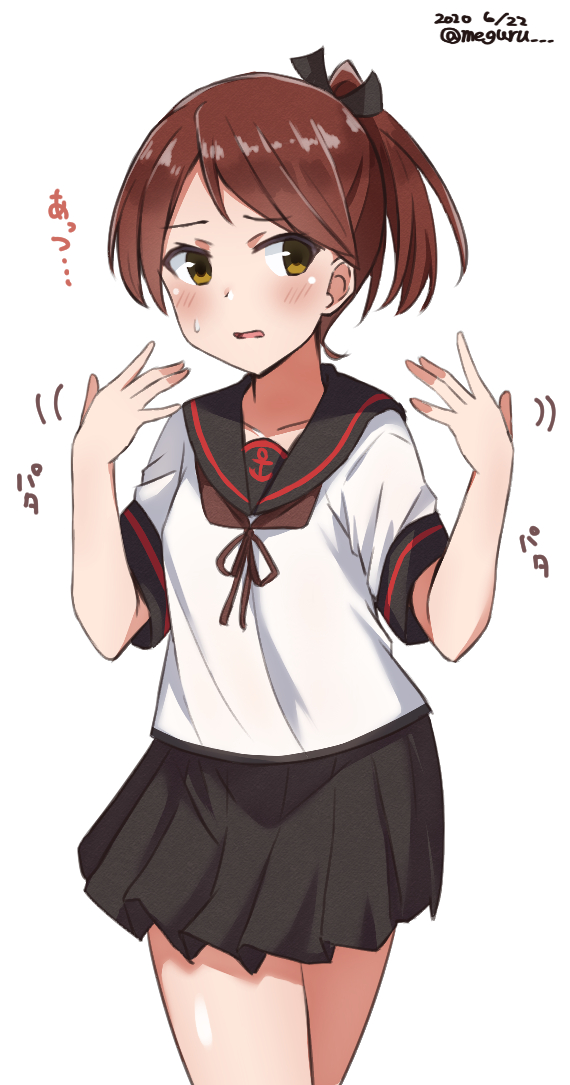 1girl black_sailor_collar black_skirt brown_eyes brown_hair commentary_request cowboy_shot dated facing_viewer female_focus kantai_collection looking_to_the_side meguru_(megurunn) one-hour_drawing_challenge pleated_skirt ponytail sailor_collar school_uniform serafuku shikinami_(kancolle) shikinami_kai_ni_(kancolle) short_hair simple_background skirt solo standing translation_request twitter_username white_background