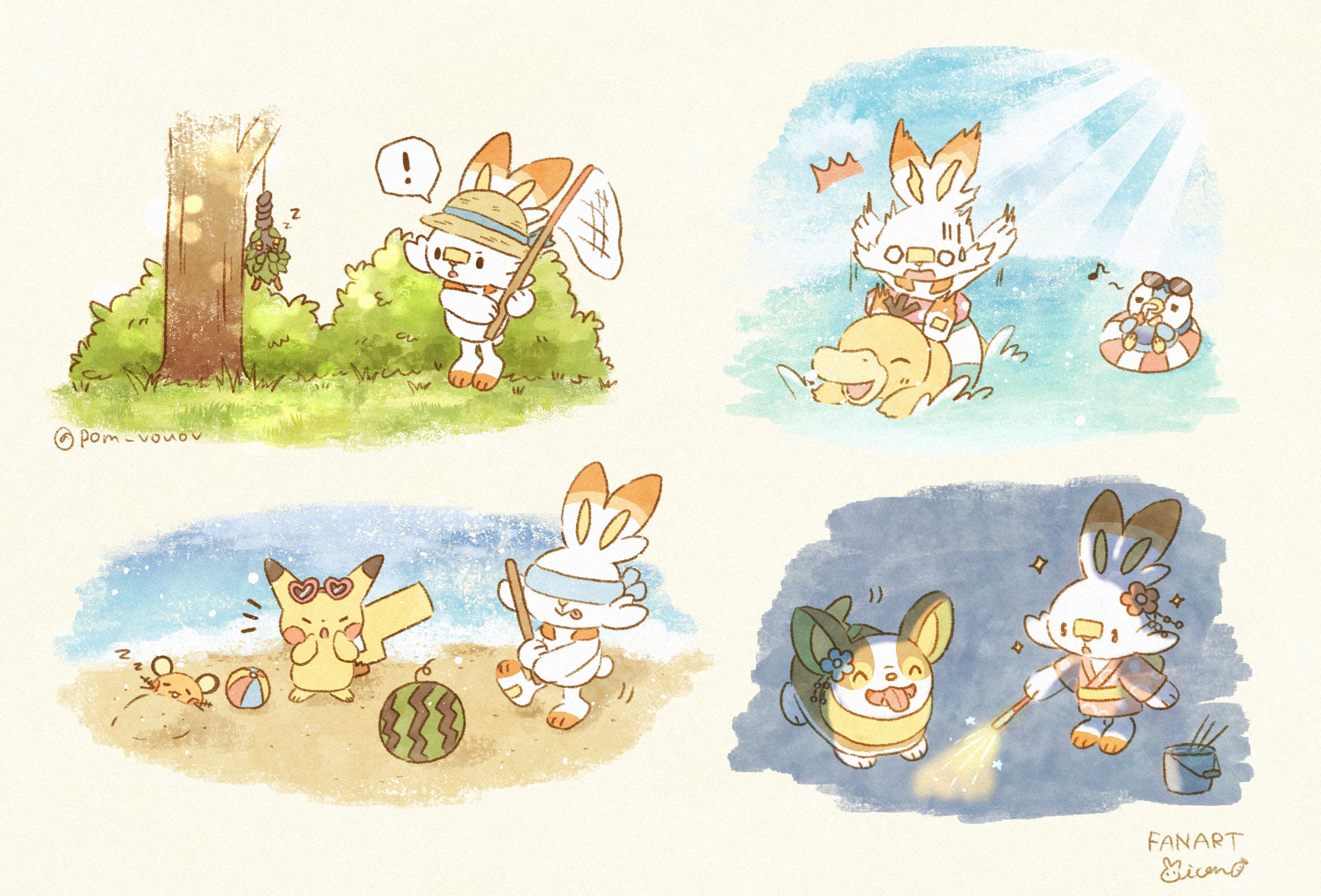 absurdres ball beach beachball blindfold burmy bush clothed_pokemon dedenne flower food fruit game_freak gen_1_pokemon gen_4_pokemon gen_6_pokemon gen_8_pokemon grass hat highres japanese_clothes kimono mian_(user_kwcj2833) nintendo ocean pikachu piplup pokemon pokemon_(creature) psyduck scorbunny splashing sunglasses tree watermelon yamper