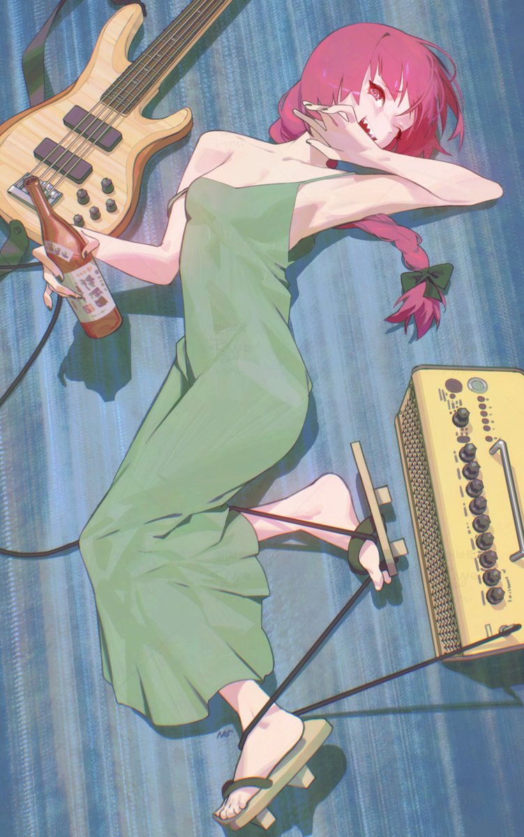 1girl @_@ black_nails bocchi_the_rock! bottle braid braided_ponytail commentary dress electric_guitar english_commentary full_body geta green_dress guitar highres hiroi_kikuri holding holding_bottle instrument long_hair lying one_eye_closed open_mouth pink_hair ponytail raneblu sharp_teeth solo teeth toes wire