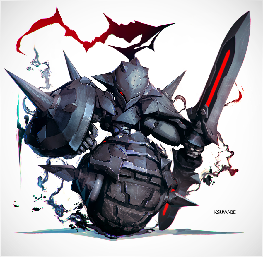 1boy armor black_armor double_blade full_body holding holding_shield holding_sword holding_weapon k-suwabe male_focus medarot red_eyes robot shadow_armor_(medarot) shield shoulder_spikes simple_background solo spikes sword weapon wheel white_background