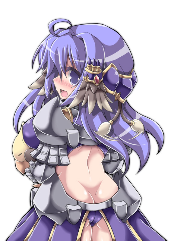 1girl ahoge armor ass back bikini_armor blush butt_crack commentary_request cowboy_shot gauntlets gryphon_(ragnarok_online) long_hair looking_at_viewer looking_back open_mouth pauldrons purple_eyes purple_hair purple_shirt ragnarok_online rakuma_kanori royal_guard_(ragnarok_online) shirt shoulder_armor simple_background smile white_background