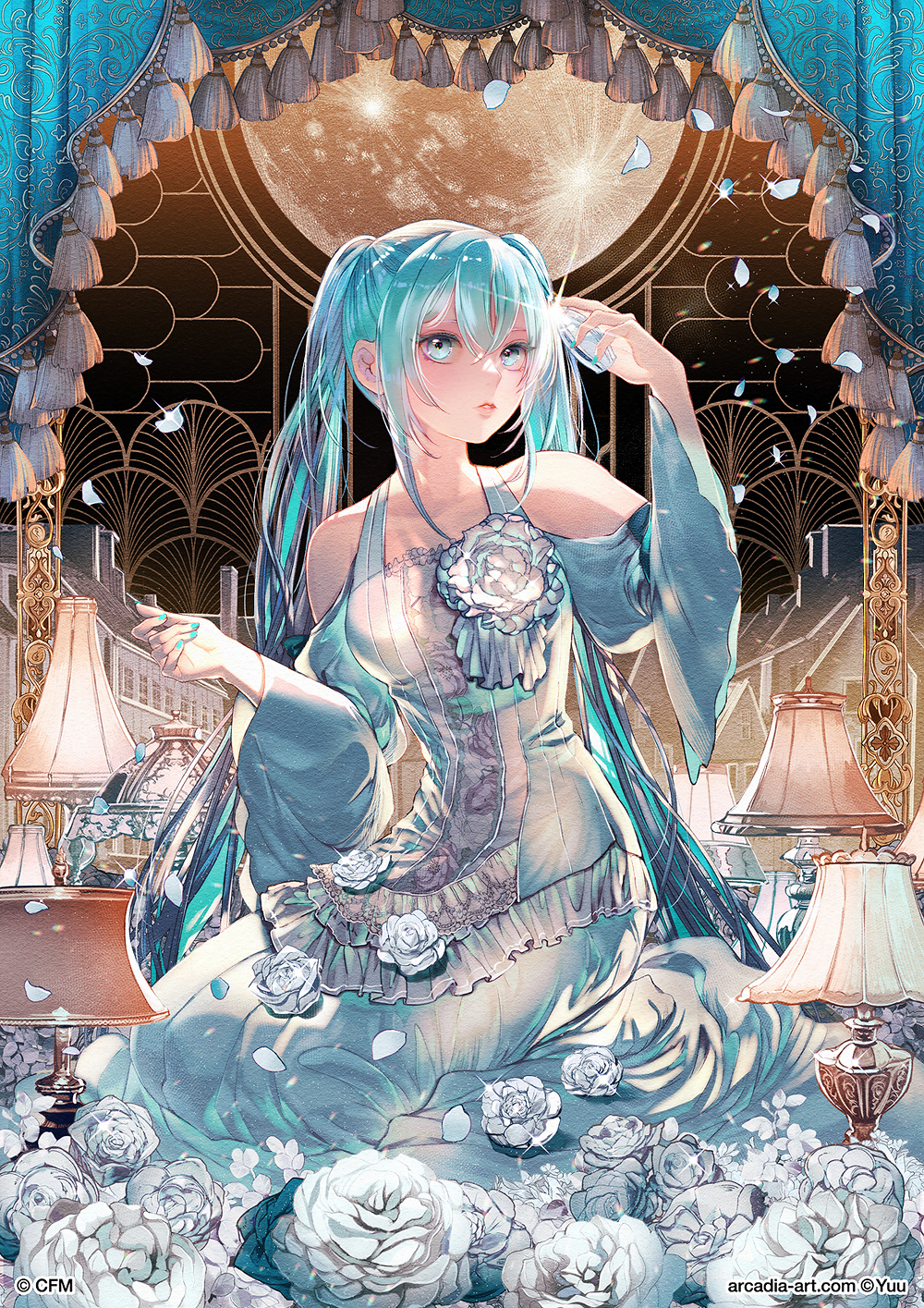 1girl arm_up bare_shoulders blue_eyes blue_hair blue_nails breasts commentary commentary_request crystal curtains dress english_commentary evillious_nendaiki flower full_moon hair_between_eyes hatsune_miku highres holding juliet_sleeves lampshade long_hair long_sleeves looking_at_viewer margarita_blankenheim medium_breasts miku_symphony_(vocaloid) mixed-language_commentary moon nail_polish nemurase_hime_kara_no_okurimono_(vocaloid) off-shoulder_dress off_shoulder official_art parted_lips petals puffy_sleeves rose solo tassel very_long_hair vocaloid white_dress white_flower white_rose wide_sleeves yuu_(arcadia)