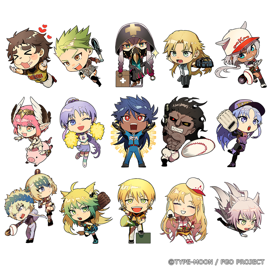 &gt;_&lt; 6+boys 6+girls :3 abs achilles_(fate) ahoge animal_ear_fluff animal_ear_piercing animal_ears asclepius_(fate) atalanta_(fate) atalanta_alter_(fate) baseball baseball_bat baseball_cap baseball_glove baseball_uniform belt black_belt black_gloves blonde_hair blue_hair blush_stickers braid brown_eyes brown_hair caenis_(fate) castor_(fate) cheerleader chibi chiron_(fate) chopsticks closed_eyes copyright_notice cross cross-shaped_pupils cross_print earrings europa_(fate) euryale_(fate) fate/grail_league fate/grand_order fate_(series) fingerless_gloves food gloves green_eyes green_hair grey_hair grin hat heracles_(fate) holding holding_baseball_bat holding_chopsticks holding_megaphone hood horse_tail jason_(fate) jewelry laurel_crown lower_teeth_only medea_(caster)_(fate) medea_(fate) medea_lily_(fate) megaphone midriff multiple_boys multiple_girls muscular muscular_male official_art one_eye_closed onigiri open_mouth ororooops outstretched_arms pants pig pink_hair pointy_ears pollux_(fate) pom_pom_(cheerleading) ponytail purple_hair red_eyes romulus_quirinus_(fate) short_sleeves sleeves_past_fingers sleeves_past_wrists smile sportswear spread_arms striped_clothes striped_pants sunken_cheeks super_orion_(fate) swinging symbol-shaped_pupils tail teeth thick_eyebrows transparent_background twin_braids undercut upper_teeth_only veins veiny_arms white_gloves white_headwear white_pants winged_hat