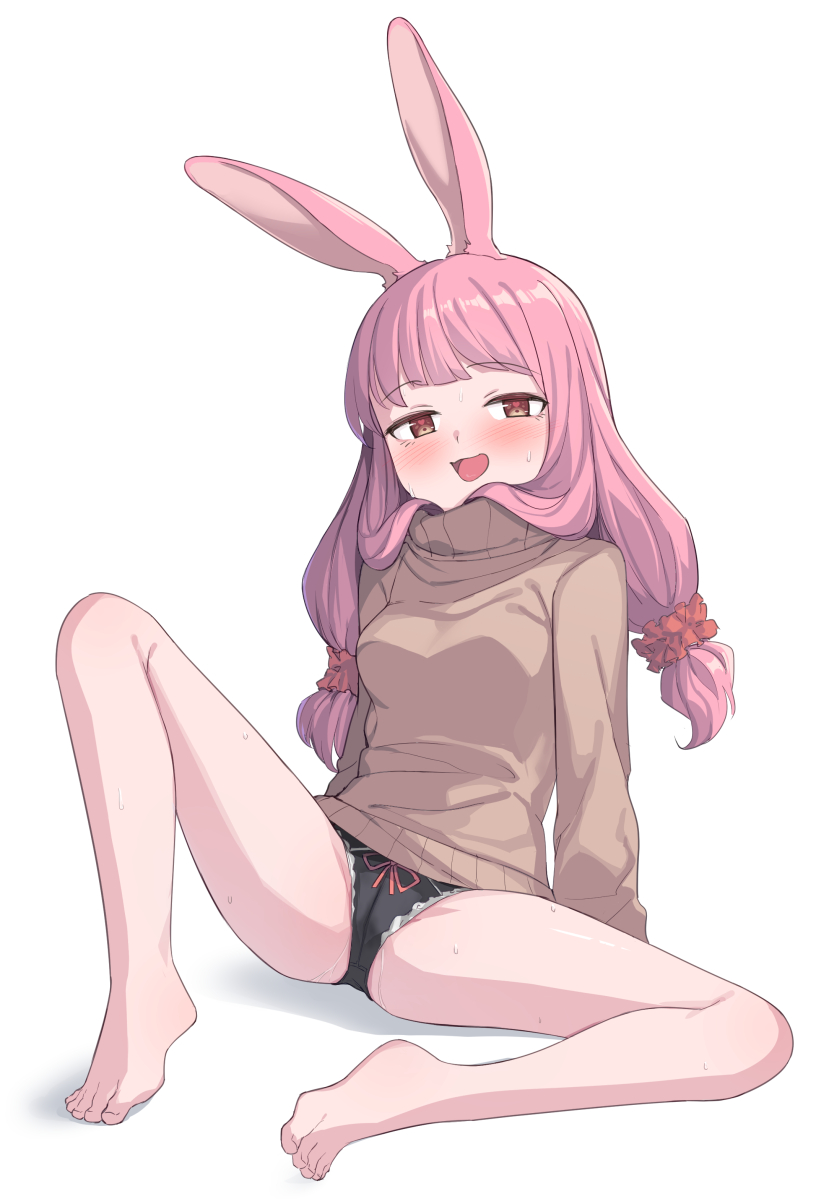 1girl :d animal_ears bare_legs barefoot black_panties breasts brown_eyes brown_sweater feet full_body hair_ornament hair_scrunchie heart heart-shaped_pupils highres light_blush long_hair long_sleeves medium_breasts naughty_face no_pants open_mouth original panties pink_hair pussy_juice rabbit_ears rabbit_girl red_scrunchie saiste scrunchie simple_background sitting smile solo spread_legs sweater symbol-shaped_pupils toes turtleneck turtleneck_sweater underwear white_background