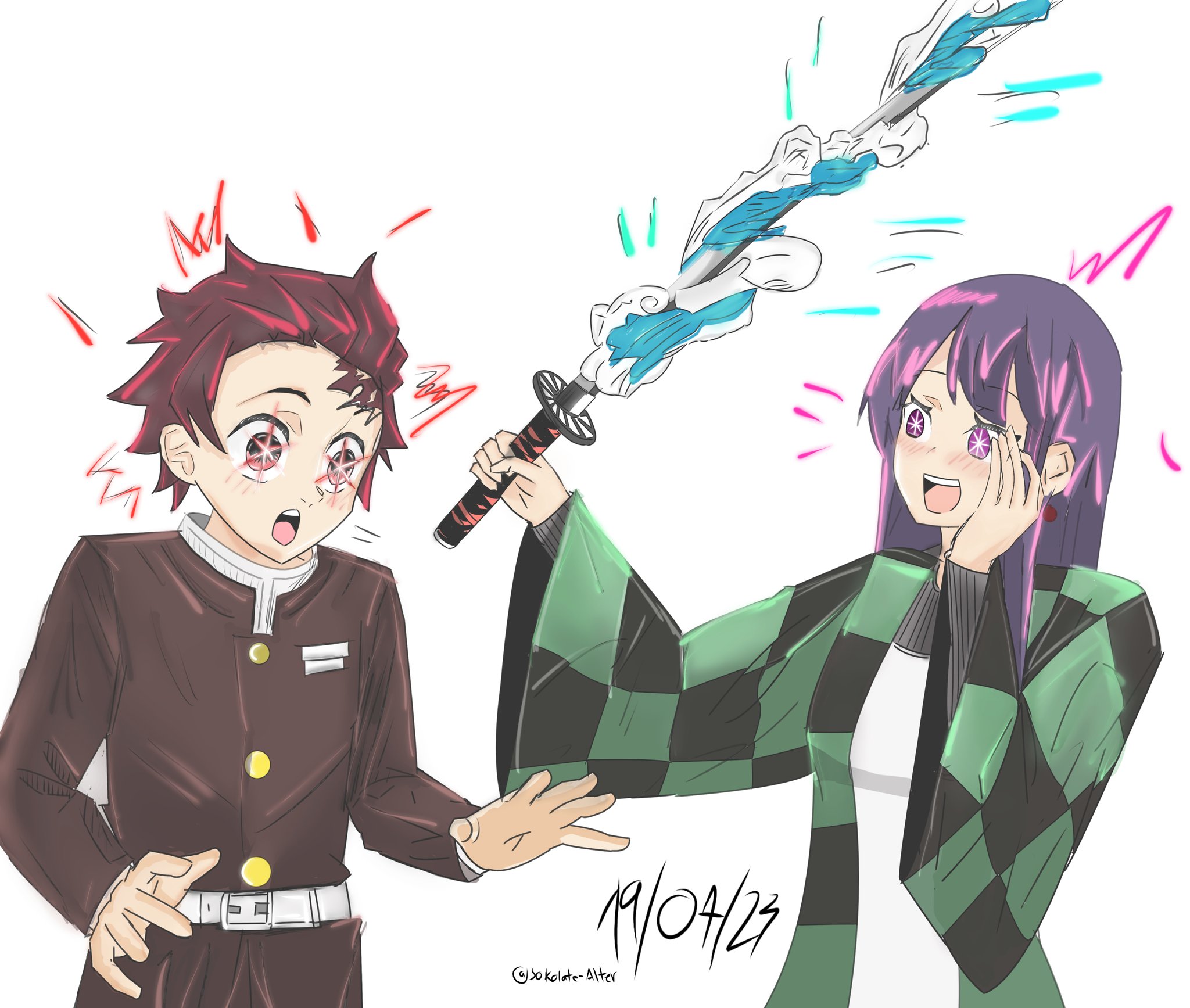 +_+ 1boy 1girl collared_jacket company_connection cosplay crossover happi highres hoshino_ai jacket japanese_clothes kamado_tanjirou kamado_tanjirou_(cosplay) kimetsu_no_yaiba oshi_no_ko scar season_connection shokobr smile