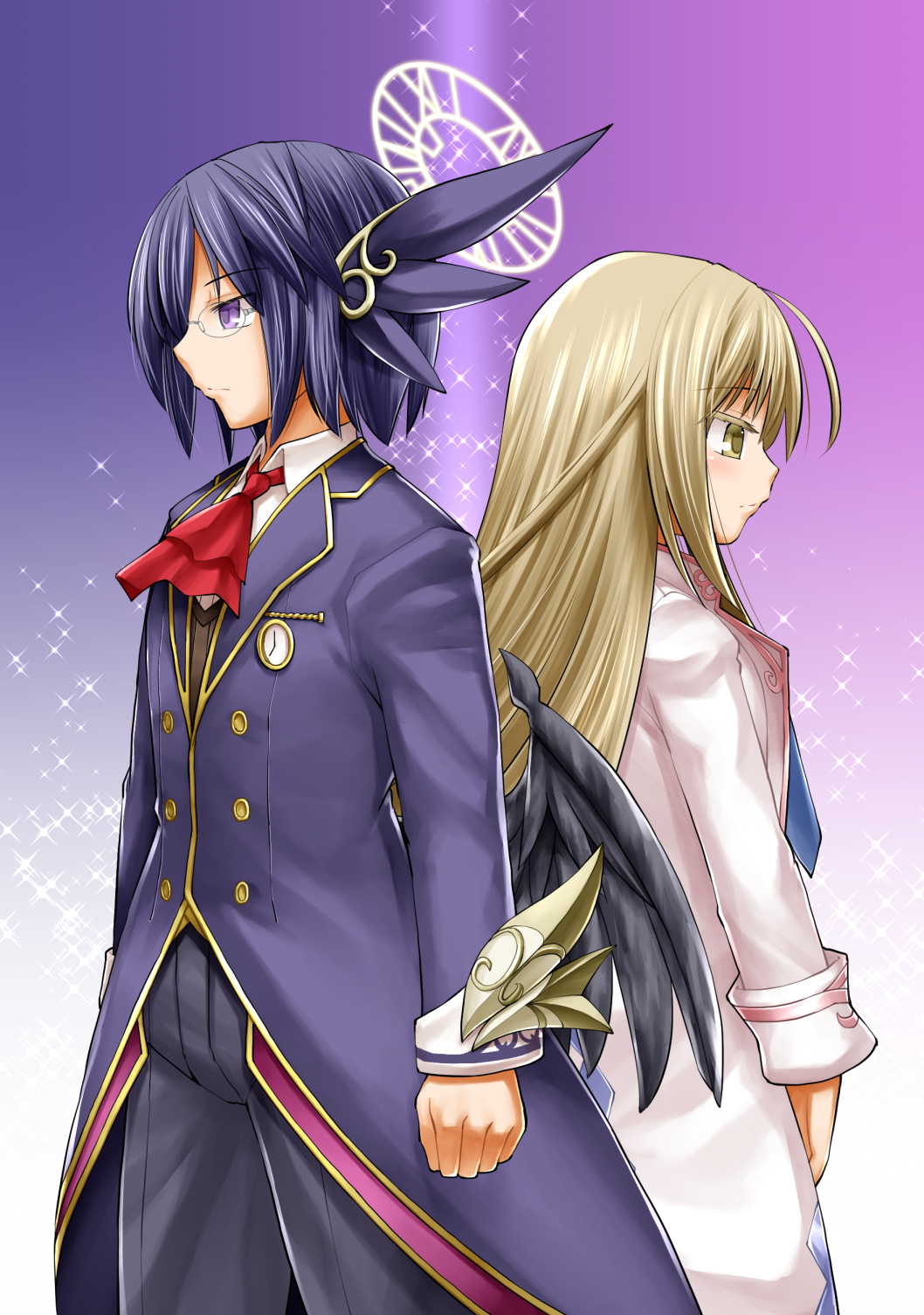 1boy 1girl ahoge back-to-back black_hair blazer blush brown_eyes brown_hair commentary_request ascot emil_chronicle_online glasses highres kasuga_yukihito long_hair magic_circle pocket_watch purple_eyes rimless_eyewear short_hair uniform watch wrist_cuffs