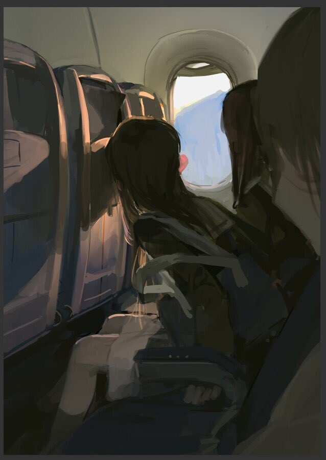 3girls against_chair airplane_interior bag black_hair border commentary feet_out_of_frame from_side grey_border grey_socks ke_shi_yinhe leaning_forward long_hair looking_outside miniskirt mountain multiple_girls original painterly shoulder_bag sitting skirt socks turning_head white_skirt window