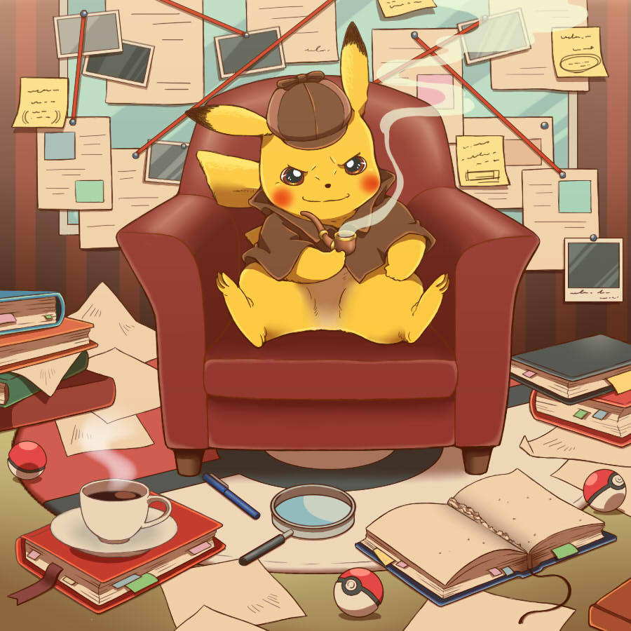 book bookmark brown_hat chair clothed_pokemon cup cyaneko detective_pikachu_(character) detective_pikachu_(game) detective_pikachu_(series) evidence_board gen_1_pokemon hat holding holding_smoking_pipe looking_at_viewer magnifying_glass nintendo papers pen pikachu poke_ball pokemon sitting smile smoke smoking_pipe teacup