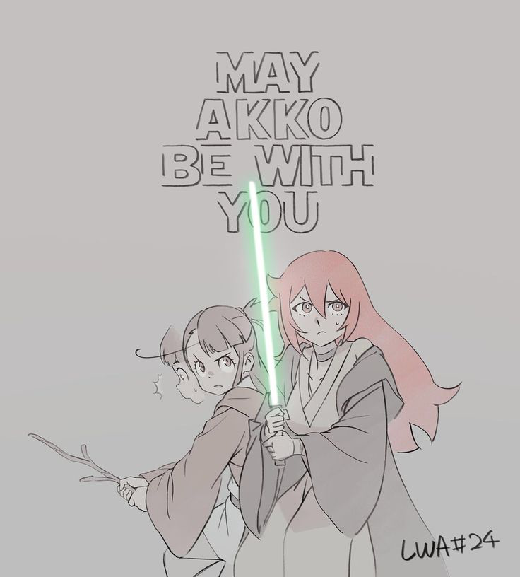 2girls angry brown_hair chariot_du_nord cosplay crossover energy_sword english_text green_lightsaber jedi kagari_atsuko lightsaber little_witch_academia long_hair multiple_girls obi-wan_kenobi_(cosplay) parody ponytail qui-gon_jinn_(cosplay) red_eyes red_hair short_ponytail star_wars stick surprised sweatdrop sword tin_zhang ursula_callistis weapon