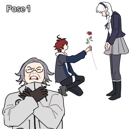 ahoge aotsuki_eito black_boots boots crouching english_text flower full_body grey_hair grey_skirt kirifuji_nozomi long_sleeves messy_hair pleated_skirt red_hair simple_background skirt standing strangling sumino_takumi the_hundred_line_-last_defense_academy- upper_body white_background white_hair