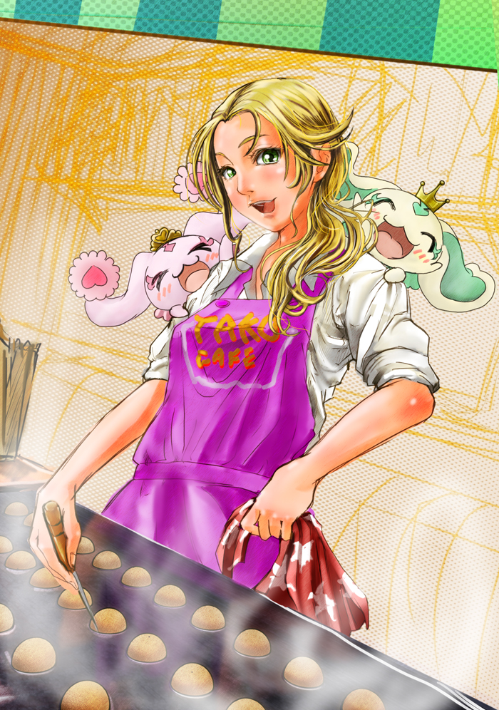 00s 1girl :d baking blonde_hair blush cooking food futari_wa_precure futari_wa_precure_max_heart goru_(cure_golgom) green_eyes kujou_hikari long_hair looking_at_viewer lulun open_mouth porun precure shirt sleeves_pushed_up sleeves_rolled_up smile steam stove sweets takoyaki upper_body