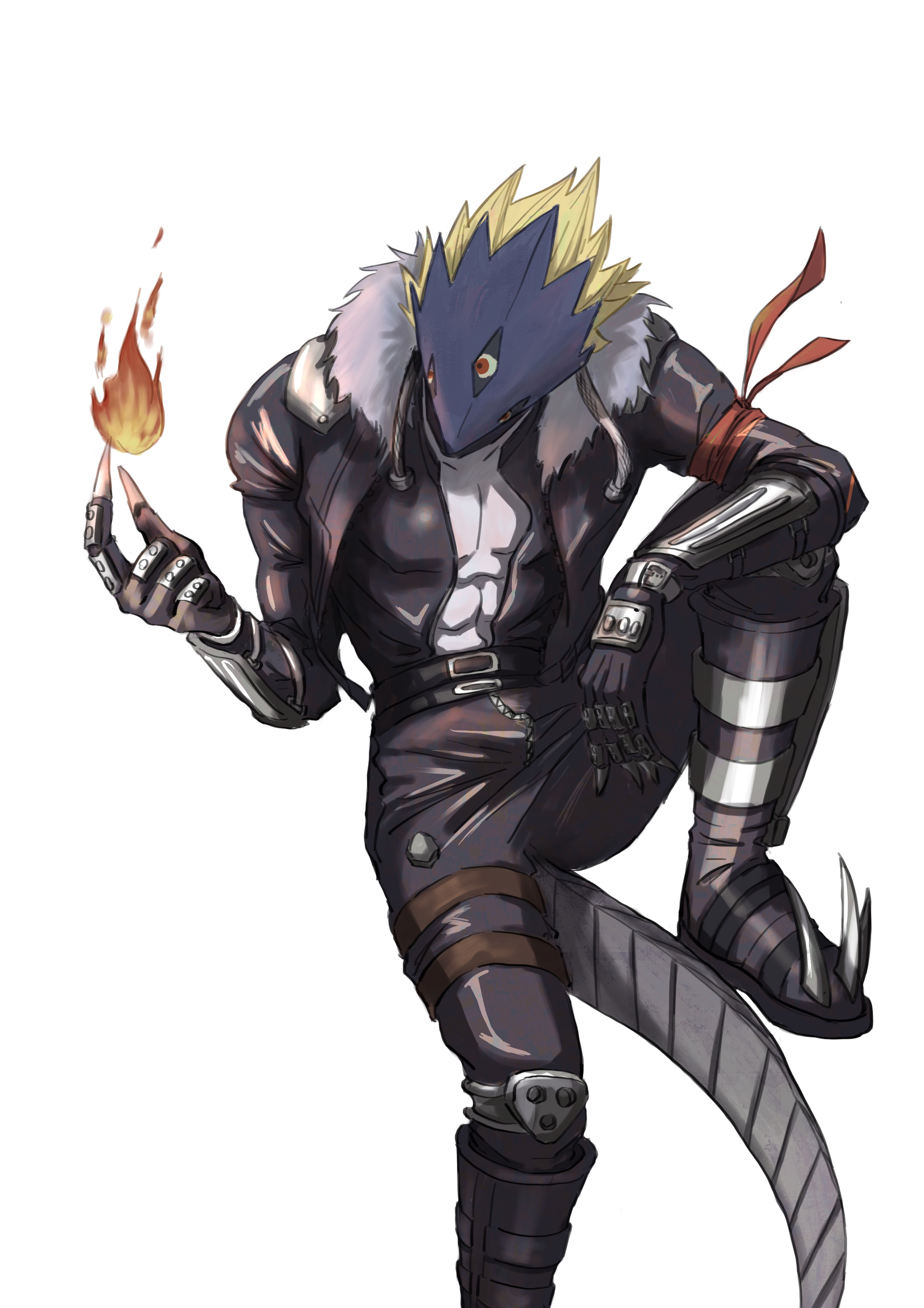 1boy absurdres arm_on_knee bandana bandana_around_arm beelzebumon belt black_belt black_boots black_gloves black_jacket black_pants blonde_hair boots claws colored_skin demon demon_boy digimon digimon_(creature) fire foot_out_of_frame from_above fur-trimmed_jacket fur_trim gloves grey_skin head_down helmet highres holding_flame invisible_chair jacket knee_boots knee_pads leather leather_belt leather_gloves leather_jacket leather_pants looking_at_fire looking_at_hand looking_to_the_side male_focus mask mechanical_tail melonmelon0303 monster_boy multiple_belts open_clothes open_jacket open_shirt pants pyrokinesis red_bandana red_eyes short_hair simple_background sitting solo spiked_boots spiked_hair tail third_eye vambraces white_background white_trim